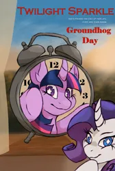 Size: 1700x2530 | Tagged: safe, derpibooru import, rarity, twilight sparkle, twilight sparkle (alicorn), alicorn, pony, unicorn, alarm clock, clock, female, groundhog day, high res, image, mare, movie poster, png, poster parody
