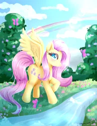 Size: 2975x3850 | Tagged: safe, artist:aquamarine-arts, artist:mylittleyuri, derpibooru import, fluttershy, butterfly, insect, pegasus, pony, cloud, cute, female, flower, grass, image, mare, png, rainbow, shyabetes, solo, tree, water