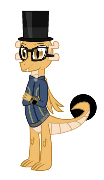 Size: 726x1257 | Tagged: safe, artist:ponygamer2020, derpibooru import, oc, oc:myoozik the dragon, dragon, fallout equestria, brown eyes, claws, clothes, crossed arms, derpibooru exclusive, dragon oc, dragon wings, fallout, glasses, hat, horn, image, jumpsuit, male, non-pony oc, pipboy, png, shirt, simple background, smiling, tail, top hat, transparent background, vault suit, vector, wings