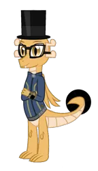 Size: 726x1257 | Tagged: safe, artist:ponygamer2020, derpibooru import, oc, oc:myoozik the dragon, dragon, fallout equestria, brown eyes, claws, clothes, crossed arms, derpibooru exclusive, dragon oc, dragon wings, fallout, glasses, hat, horn, image, jumpsuit, male, non-pony oc, pipboy, png, shirt, simple background, smiling, tail, top hat, transparent background, vault suit, vector, wings