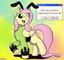 Size: 1914x1800 | Tagged: safe, artist:passionpanther, derpibooru import, fluttershy, pegasus, pony, antonymph, fluttgirshy, gir, image, kandi, one eye closed, open mouth, open smile, png, scene kid, smiling, solo, vylet pony, wink