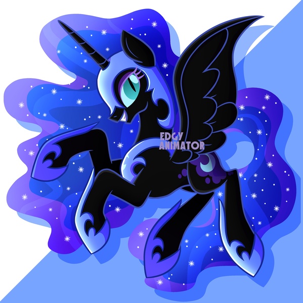 Size: 3000x3000 | Tagged: safe, artist:edgyanimator, derpibooru import, nightmare moon, alicorn, pony, armor, beautiful, big eyes, big horn, black coat, black fur, black wings, blue background, blue eyes, blue hair, blue mane, blue tail, cel shading, clothes, colored, colored eyelashes, colored lineart, concave belly, cute, cyan eyes, derpibooru exclusive, digital art, drop shadow, ethereal hair, ethereal mane, ethereal tail, evil, eyelashes, eyeshadow, female, firealpaca, full body, galaxy hair, galaxy mane, galaxy tail, grin, hair, helmet, high res, highlights, hoof shoes, horn, image, jewelry, jpeg, large wings, lineart, long horn, long legs, long mane, long tail, looking sideways, looking to the right, makeup, mare, moonabetes, necklace, nightmare moon armor, peytral, princess, princess shoes, quadrupedal, raised hoof, raised hooves, regalia, royalty, shading, shadow, shiny, shoes, sideways glance, signature, simple background, simple shading, slim, slit pupils, smiling, smirk, solo, sparkles, spread wings, starry hair, starry mane, starry tail, stars, tail, teeth, thin, wall of tags, wings