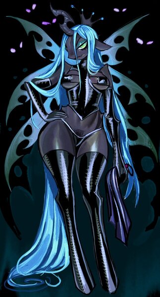 Size: 645x1200 | Tagged: questionable, artist:thecurlydemon, derpibooru import, queen chrysalis, anthro, changeling, changeling queen, unguligrade anthro, bdsm, breasts, clothes, corset, female, gloves, glow, glowing eyes, hand on hip, image, jpeg, latex, latex bra, latex corset, latex gloves, latex stockings, lidded eyes, lingerie, long gloves, looking at you, multiple wings, panties, pubic hair, pubic hair slip, skimpy outfit, socks, solo, solo female, thigh highs, underwear, whip, wings