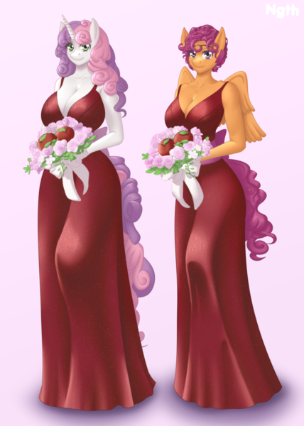 Size: 912x1280 | Tagged: safe, artist:ngth, derpibooru import, scootaloo, sweetie belle, anthro, pegasus, unicorn, absolute cleavage, apple, bare shoulders, big breasts, bouquet, bouquet of flowers, breasts, bridesmaid, bridesmaid dress, busty scootaloo, busty sweetie belle, cleavage, clothes, curly hair, dress, ears, feathered wings, flower, food, green eyes, horn, image, long horn, long skirt, looking at you, nostrils, older, older scootaloo, older sweetie belle, pegasus wings, png, purple eyes, skirt, smiling, snout, tail, two toned hair, two toned tail, unicorn horn, wings