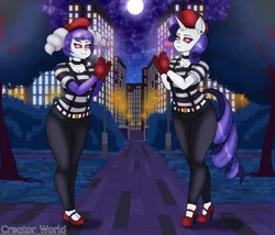 Size: 2073x1777 | Tagged: suggestive, artist:creatorworld, derpibooru import, rarity, anthro, plantigrade anthro, unicorn, auction, ayuko, city, cityscape, clothes, commission, duo, duo female, female, females only, fetish, full moon, gloves, high heels, hypnosis, image, latex, latex suit, long tail, mime, mind control, moon, night, park, platform heels, platform shoes, png, pokémon, rubber, rubber suit, shoes, starry night, starry sky, swirly eyes, tail, tight clothing