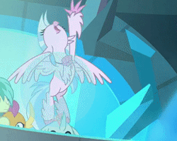 Size: 261x208 | Tagged: safe, derpibooru import, screencap, gallus, ocellus, sandbar, silverstream, smolder, yona, changedling, changeling, classical hippogriff, dragon, earth pony, gryphon, hippogriff, school raze, season 8, spoiler:s08, animated, cropped, cute, diastreamies, dragoness, female, flying, gif, image, looking down, peeking, pointing, raised claw, student six