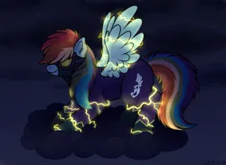 Size: 2791x2048 | Tagged: safe, artist:hollistars, derpibooru import, rainbow dash, pegasus, pony, luna eclipsed, clothes, costume, electricity, female, image, lighting, mare, nightmare night costume, png, shadowbolt dash, shadowbolts costume, solo, spread wings, stormcloud, wings