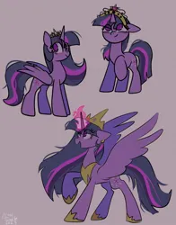 Size: 1074x1368 | Tagged: safe, artist:petaltwinkle, derpibooru import, princess twilight 2.0, twilight sparkle, twilight sparkle (alicorn), oc, alicorn, pony, unicorn, the last problem, age progression, big crown thingy, element of magic, eye clipping through hair, female, glow, glowing horn, gray background, horn, image, jewelry, jpeg, looking up, mare, new crown, no pupils, older, older twilight, open mouth, open smile, progression, regalia, simple background, smiling, solo, spread wings, unicorn oc, wings