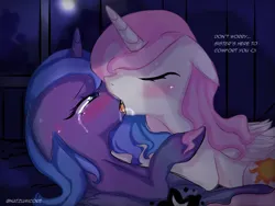 Size: 2048x1536 | Tagged: suggestive, artist:natzumicore, twibooru exclusive, princess celestia, princess luna, alicorn, pony, blushing, crying, dialogue, drool, female, french kiss, image, incest, inspired by another artist, kissing, lesbian, mare, pink-mane celestia, png, princest, s1 luna, shipping, siblings, sisters