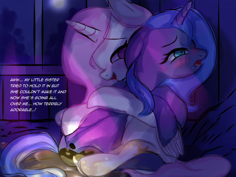 Size: 2048x1536 | Tagged: questionable, artist:natzumicore, twibooru exclusive, princess celestia, princess luna, alicorn, pony, blushing, drool, female, fetish, forbidden love, image, incest, inspired by another artist, lesbian, mare, pink-mane celestia, pissing, png, princess, s1 luna, siblings, sisters, urine, watersports, wetting