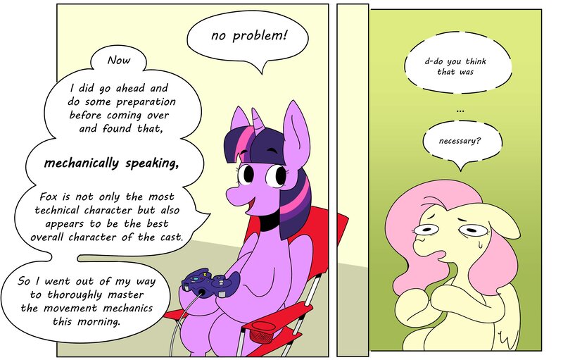 Size: 3767x2408 | Tagged: safe, artist:balileart, derpibooru import, fluttershy, twilight sparkle, twilight sparkle (alicorn), alicorn, pegasus, pony, comic, controller, dialogue, duo, gamecube controller, image, jpeg, sitting, speech bubble, super smash bros., sweat, sweatdrop