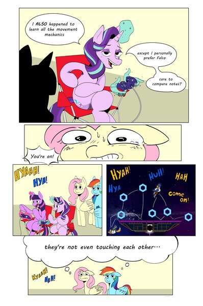 Size: 2718x4096 | Tagged: safe, artist:balileart, derpibooru import, fluttershy, rainbow dash, starlight glimmer, twilight sparkle, twilight sparkle (alicorn), alicorn, pegasus, pony, unicorn, comic, controller, dialogue, falco lombardi, female, floppy ears, fox mccloud, gamecube controller, hand, image, jpeg, levitation, magic, magic hands, mare, sitting, speech bubble, star fox, super smash bros., sweat, telekinesis, thought bubble