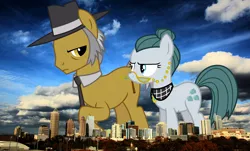 Size: 2048x1233 | Tagged: safe, artist:timelordomega, derpibooru import, edit, editor:jaredking779, cloudy quartz, igneous rock pie, earth pony, pony, atlanta, female, georgia (state), giant pony, giant/macro earth pony, giantess, glasses, hat, highrise ponies, image, irl, jpeg, macro, male, mare, mega giant, photo, ponies in real life, stallion, story included