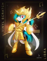 Size: 3928x5000 | Tagged: safe, artist:zidanemina, derpibooru import, vinyl scratch, semi-anthro, unicorn, armor, black background, crossover, gold saint, golden armor, image, jpeg, saint seiya, simple background, smiling, solo, spear, standing, weapon, zodiac