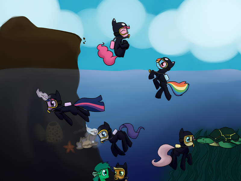 Size: 6400x4800 | Tagged: dead source, safe, derpibooru import, applejack, fluttershy, pinkie pie, rainbow dash, rarity, twilight sparkle, pony, unicorn, equestria daily, air tank, cute, dive mask, diving, exploring, goggles, high res, image, png, scuba diving, scuba gear, seaweed, swimming, underwater, water, wetsuit