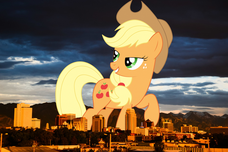 Size: 2048x1365 | Tagged: safe, artist:spaz-featherbrain, derpibooru import, edit, editor:jaredking779, applejack, earth pony, pony, cowboy hat, female, giant pony, giantess, grin, hat, highrise ponies, image, irl, jpeg, looking back, macro, mare, photo, ponies in real life, raised hoof, salt lake city, smiling, solo, stetson, utah