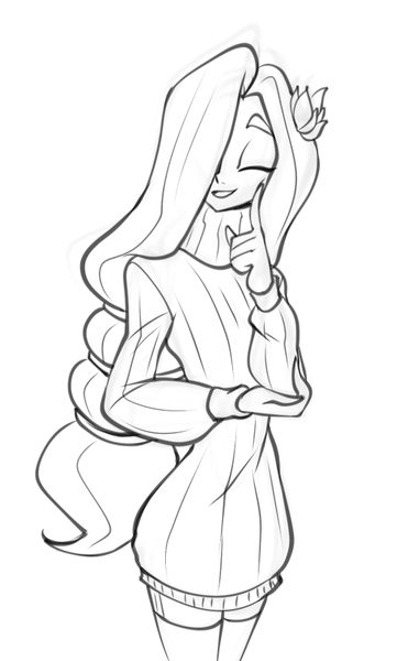 Size: 504x815 | Tagged: safe, artist:bigdad, derpibooru import, fluttershy, human, clothes, eyes closed, female, flower, flower in hair, hair over one eye, humanized, image, jpeg, looking at you, monochrome, simple background, smiling, smiling at you, socks, solo, stockings, sweater, sweatershy, thigh highs, white background