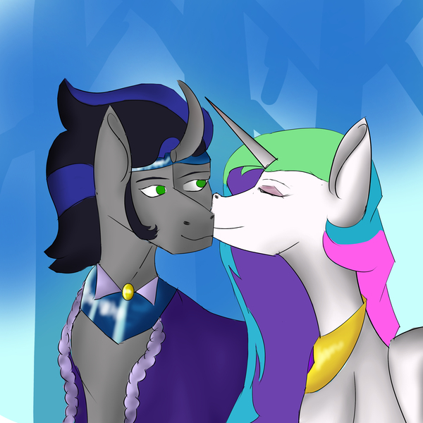 Size: 3000x3000 | Tagged: safe, artist:sh4deshad0w41, derpibooru import, king sombra, princess celestia, alicorn, unicorn, celestibra, curved horn, duo, duo male and female, female, good king sombra, horn, image, jewelry, jpeg, kiss on the cheek, kissing, male, regalia, ship, shipping, smiling, straight