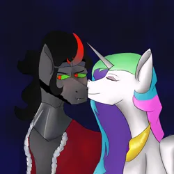 Size: 3000x3000 | Tagged: safe, artist:sh4deshad0w41, derpibooru import, king sombra, princess celestia, alicorn, unicorn, blushing, celestibra, curved horn, duo, duo male and female, eyes closed, female, horn, image, jewelry, jpeg, kiss on the cheek, kissing, male, red eyes, regalia, ship, shipping, simple background, smiling, straight