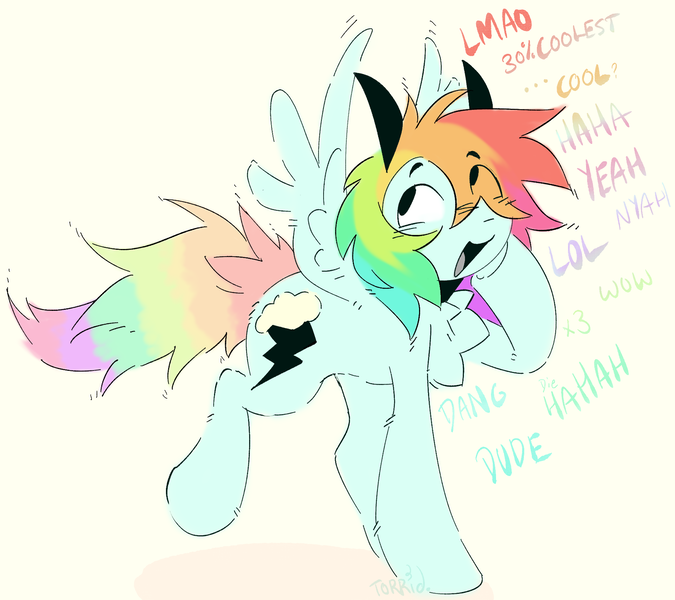 Size: 1867x1660 | Tagged: safe, artist:torridline, derpibooru import, rainbow dash, pegasus, pony, fluffy, fluffy mane, fluffy tail, happy, image, pastel, png, smiling, solo, strange, tail, talking, text