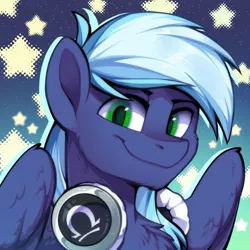 Size: 960x960 | Tagged: safe, artist:breloomart, derpibooru import, oc, oc:moonlight drop, pegasus, headphones, image, png, smiling, solo, stars