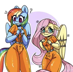 Size: 1080x1067 | Tagged: safe, artist:dub_doodles, derpibooru import, fluttershy, rainbow dash, anthro, belt, bound wings, clothes, cuffs, duo, image, png, prison outfit, prisoner, prisoner ft, prisoner rd, teary eyes, wing cuffs, wings