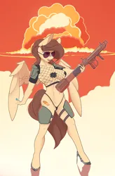 Size: 2500x3800 | Tagged: suggestive, artist:chapaevv, derpibooru import, oc, oc:sourdough, anthro, fallout equestria, armor, clothes, explosion, fallout, female, fishnets, gun, image, nipple tape, panties, pasties, patreon, patreon reward, png, rocket launcher, solo, standing, tape, thong, underwear, weapon
