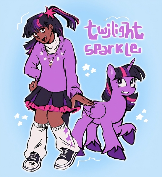 Size: 1280x1402 | Tagged: safe, artist:999pxo, derpibooru import, twilight sparkle, twilight sparkle (alicorn), alicorn, human, blackwashing, clothes, cutie mark, cutie mark on clothes, dark skin, image, jewelry, jpeg, name, necklace, shoes, skirt, sneakers, stars