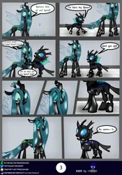 Size: 2560x3654 | Tagged: safe, artist:damlanil, derpibooru import, queen chrysalis, changeling, goo, latex pony, original species, comic:new conversion strategy, bdsm, bondage, close-up, clothes, collar, comic, commission, damlanil's lab, duo, encasement, female, flask, horn, image, laboratory, latex, latex changeling, living latex, male, mask, mind control, png, restrained, rubber, rubber drone, rubber suit, shiny, shiny mane, show accurate, speech bubble, standing, text, transformation, transformation sequence, vector, wings