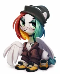 Size: 1000x1250 | Tagged: safe, artist:zazush-una, derpibooru import, oc, oc:queenie rampage, unofficial characters only, pegasus, beanie, clothes, hat, hoodie, image, jpeg, shoes, simple background, solo, white background