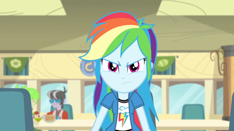 Size: 3072x1727 | Tagged: safe, derpibooru import, screencap, cherry crash, rainbow dash, human, equestria girls, pinkie on the one, rainbow rocks, clothes, cutie mark, cutie mark on clothes, female, frown, image, jpeg, male, rainbow dash is not amused, solo focus, unamused