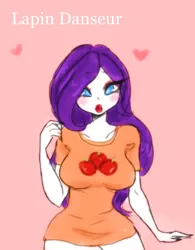 Size: 2024x2600 | Tagged: safe, artist:lapindanseur, derpibooru import, rarity, human, applejack's cutie mark, breasts, busty rarity, clothes, cutie mark, cutie mark on clothes, female, humanized, image, implied lesbian, implied rarijack, implied shipping, pink background, png, shirt, simple background, solo, t-shirt