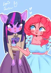 Size: 1240x1754 | Tagged: safe, artist:lapin_danseur, artist:lapindanseur, derpibooru import, pinkie pie, twilight sparkle, anthro, ambiguous facial structure, blouse, clothes, colored pupils, cupcake, dress, duo, female, food, image, jpeg, lesbian, missing horn, shipping, skirt, twinkie