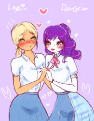 Size: 700x899 | Tagged: safe, artist:lapin_danseur, derpibooru import, applejack, rarity, human, blushing, clothes, duo, female, heart, holding hands, humanized, image, jpeg, lesbian, rarijack, shipping, shirt, skirt