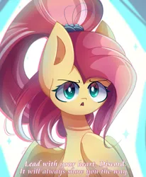 Size: 2100x2550 | Tagged: safe, artist:miryelis, derpibooru import, discord, fluttershy, pegasus, pony, big ears, big eyes, cute, image, interpretation, lightning, long hair, png, shyabetes, signature, simple background, solo, text, wings