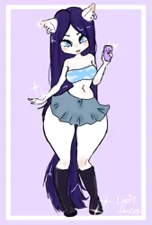 Size: 1181x1748 | Tagged: safe, artist:lapin_danseur, derpibooru import, rarity, anthro, alternate hairstyle, ambiguous facial structure, bandeau, boots, clothes, curvy, ear piercing, earring, female, hourglass figure, image, jewelry, jpeg, missing horn, mobile phone, necklace, phone, piercing, shoes, skirt, smartphone, solo, thighs, thunder thighs, wide hips