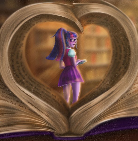 Size: 3354x3424 | Tagged: safe, artist:polnocnykot, derpibooru import, sci-twi, twilight sparkle, anthro, human, equestria girls, blouse, blushing, book, breasts, clothes, cute, detailed, detailed background, female, glasses, heart, humanized, image, jpeg, library, looking at you, looking back, looking back at you, miniskirt, missing horn, reading, school, school uniform, schoolgirl, shiny, skirt, small breasts, smiling, smiling at you, text, turned head, twiabetes, vest, wingless, wingless anthro