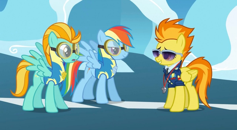 Size: 2160x1190 | Tagged: safe, derpibooru import, screencap, lightning dust, rainbow dash, spitfire, pegasus, pony, wonderbolts academy, clothes, cloudsdale, drill sergeant, female, goggles, image, jpeg, mare, necktie, spitfire's whistle, suit, sunglasses, uniform, whistle, whistle necklace, wonderbolt trainee uniform, wonderbolts dress uniform