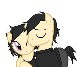 Size: 1012x878 | Tagged: safe, artist:edy_january, derpibooru import, oc, oc:andrew, oc:ashley, unofficial characters only, earth pony, pony, base, base used, brother and sister, clothes, eyes closed, female, goth, gothic, hug, image, kissing, link in description, male, pants, png, red eyes, shipping, siblings, simple background, smiling, sweater, the coffin of andy and leyley, transparent background, twins