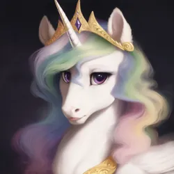 Size: 1536x1536 | Tagged: safe, derpibooru import, editor:zealousmagician, machine learning generated, purplesmart.ai, stable diffusion, princess celestia, alicorn, pony, black background, bust, derpibooru exclusive, ear fluff, female, g4, hoers, horn, image, jewelry, long mane, looking at you, mare, png, portrait, purple eyes, regal, regalia, simple background, solo