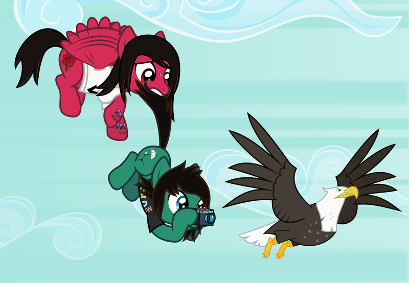 Size: 3175x2200 | Tagged: safe, artist:lightningbolt, derpibooru import, ponified, bald eagle, bird, eagle, earth pony, pegasus, pony, .svg available, beak, bring me the horizon, camera, carrying, clothes, cloud, derpibooru exclusive, duo, duo male, fluttering, flying, hanging by tail, hoof hold, image, lip piercing, male, mike fuentes, photo, pierce the veil, piercing, png, shirt, sky, spread wings, stallion, struggling, sweat, t-shirt, tail, tail pull, talons, tattoo, tom sykes, vector, wings