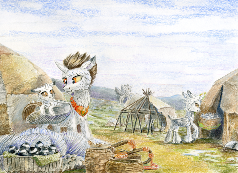 Size: 1723x1250 | Tagged: safe, artist:maytee, derpibooru import, oc, unofficial characters only, changeling, nymph, basket, changeling oc, chest fluff, colored pencil drawing, commission, ear fluff, egg, fluffy, image, png, snow, snow changeling, spring, traditional art, unshorn fetlocks, yurt