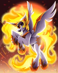 Size: 2400x3000 | Tagged: safe, artist:starcasteclipse, derpibooru import, daybreaker, princess celestia, alicorn, pony, alter ego, antagonist, armor, armored pony, background, burning, clothes, collar, colored, devious, devious smile, ear fluff, elbow fluff, evil counterpart, female, fiery mane, fire, flying, full body, full color, gradient background, headgear, highlights, image, jewelry, large wings, long mane, long tail, looking back, mare, particles, png, raised hoof, regalia, shading, sharp teeth, shoes, simple background, smiling, solo, spread wings, tail, teeth, upright, white coat, wings, yellow background, yellow eyes