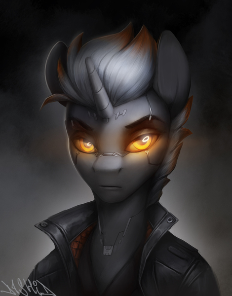 Size: 3000x3826 | Tagged: safe, artist:dashid, derpibooru import, oc, unofficial characters only, pony, unicorn, clothes, commission, cyber eyes, cyberpunk, dark, dark skin, horn, image, implants, jacket, jpeg, male, shading