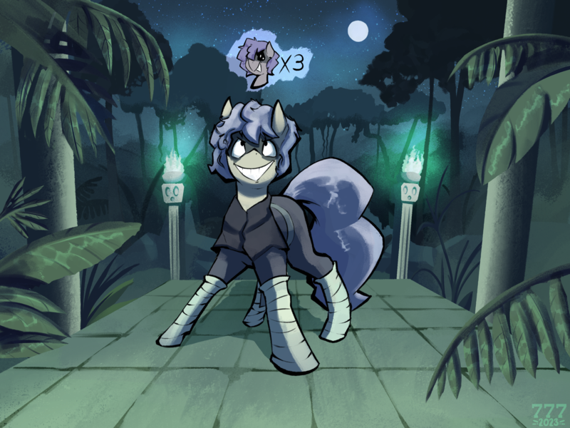 Size: 2732x2048 | Tagged: safe, artist:triplesevens, derpibooru import, part of a set, oc, oc:triple sevens, unofficial characters only, fire, image, jungle, looking up, moon, night, outdoors, png, smiling, spread legs, spreading, temple, tree