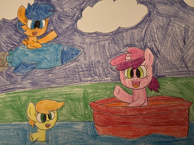 Size: 4032x3024 | Tagged: safe, artist:sillylittleprincess, derpibooru import, first base, ruby pinch, oc, oc:sunny splash, pegasus, pony, sea pony, unicorn, adorabase, baby sea pony, blast off, boat, cute, diasplashes, female, filly, foal, g4, image, jpeg, open mouth, open smile, pegasus first base, pinchybetes, pond, ponyland, race swap, riding, rocket, rule 63, sky, smiling, traditional art, water, waving