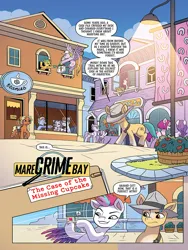 Size: 768x1024 | Tagged: safe, artist:amymebberson, derpibooru import, idw, hitch trailblazer, zipp storm, earth pony, pegasus, pony, unicorn, g5, spoiler:comic, spoiler:g5comic, spoiler:g5comic12, bag, blaze (coat marking), blinds, bush, cap, cloud, coat markings, coffee shop, curtains, dialogue, doors, facial markings, fedora, female, file, flower, foal, folded wings, hat, hoof heart, hoof hold, image, looking at something, magnifying glass, male, mare, maretime bay, mobile phone, noir, official comic, paperclip, phone, png, podcast, pun, pure unfiltered evil, sash, sheriff's badge, shopping bag, smartphone, socks (coat marking), spread wings, stallion, streetlight, toy, toy store, underhoof, unshorn fetlocks, upside-down hoof heart, window, wings