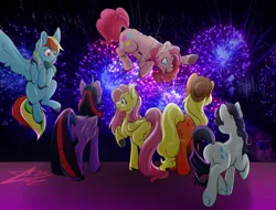 Size: 2482x1885 | Tagged: safe, derpibooru import, applejack, fluttershy, pinkie pie, rainbow dash, rarity, twilight sparkle, twilight sparkle (alicorn), alicorn, earth pony, pegasus, pony, unicorn, balloon, blue eyes, calm, fireworks, floating, folded wings, green eyes, group, hat, image, looking at each other, looking at someone, looking away, looking down, magenta eyes, mane six, png, purple background, simple background, spread wings, standing, trotting, wide eyes, wings