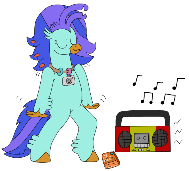 Size: 2332x2103 | Tagged: safe, artist:supahdonarudo, derpibooru import, oc, oc:sea lilly, unofficial characters only, classical hippogriff, hippogriff, bipedal, boombox, camera, dancing, image, jewelry, music notes, necklace, png, simple background, transparent background
