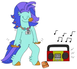 Size: 2332x2103 | Tagged: safe, artist:supahdonarudo, derpibooru import, oc, oc:sea lilly, unofficial characters only, classical hippogriff, hippogriff, bipedal, boombox, camera, dancing, image, jewelry, music notes, necklace, png, simple background, transparent background